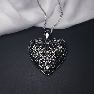 Art Nouveau Swirl Black Gothic Large Puffy Heart Pendant Silver Chain Necklace